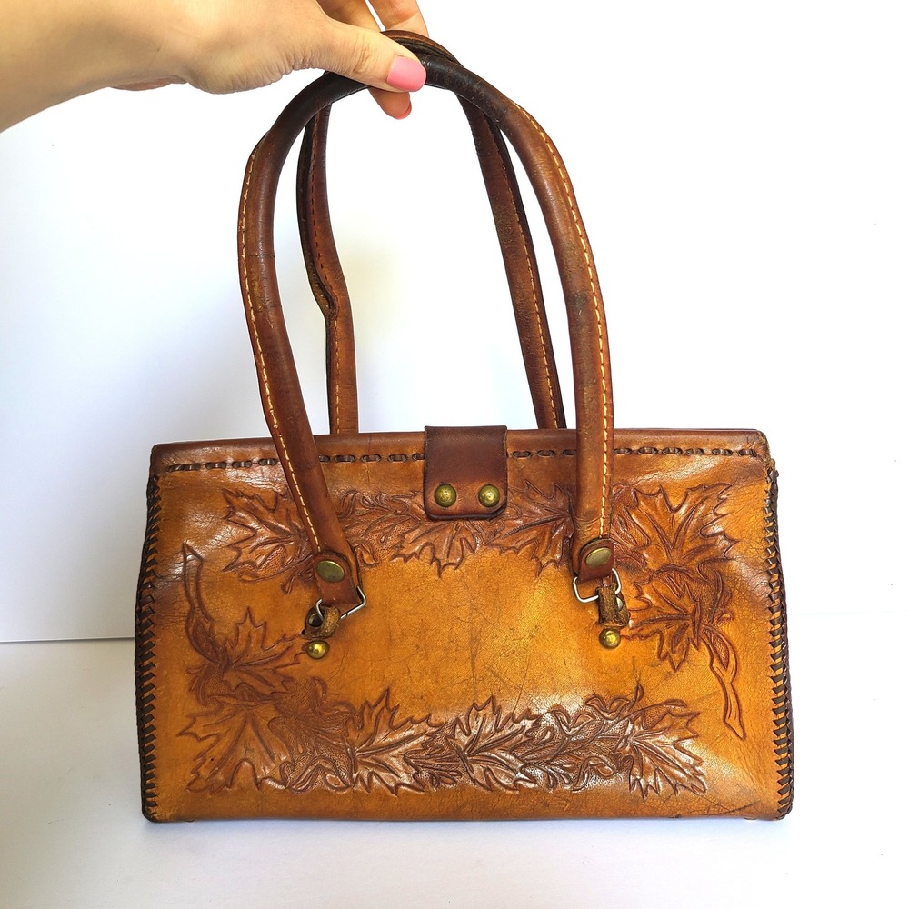 Vintage Brown Leather Tooled Handbag Western Boho Turn‎ Lock Festival Rustic - Picture 6 of 10